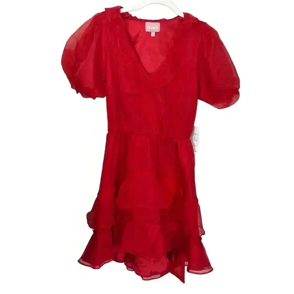 Show me Your Mumu Red Ruffle Puff Sleeve Dress NWT Romantic Coquette - Picture 4 of 15